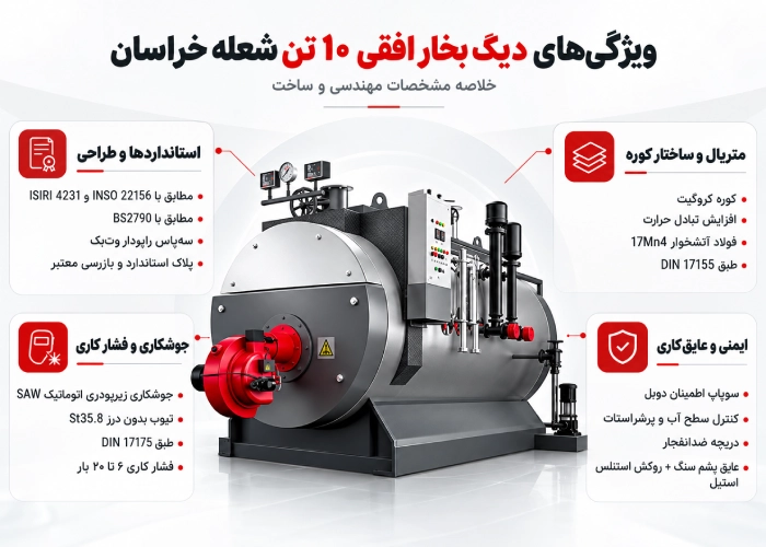 ویژگی‌های دیگ بخار افقی 10 تن